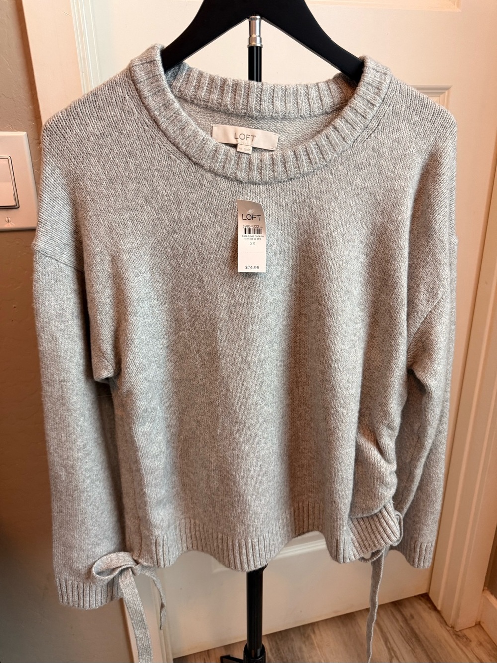 LOFT Gray Crewneck Sweater with Side Tie Detail